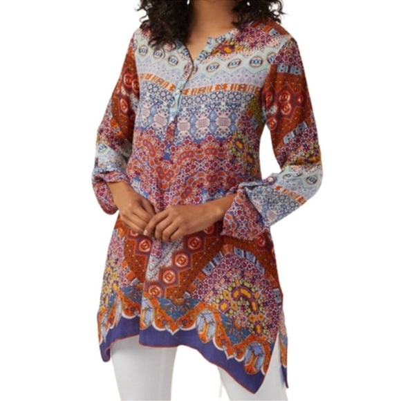 Soft Surroundings Geneva Tunic Top Boho Mosaic Print Blue Orange Sharkbite Hem - Picture 1 of 11